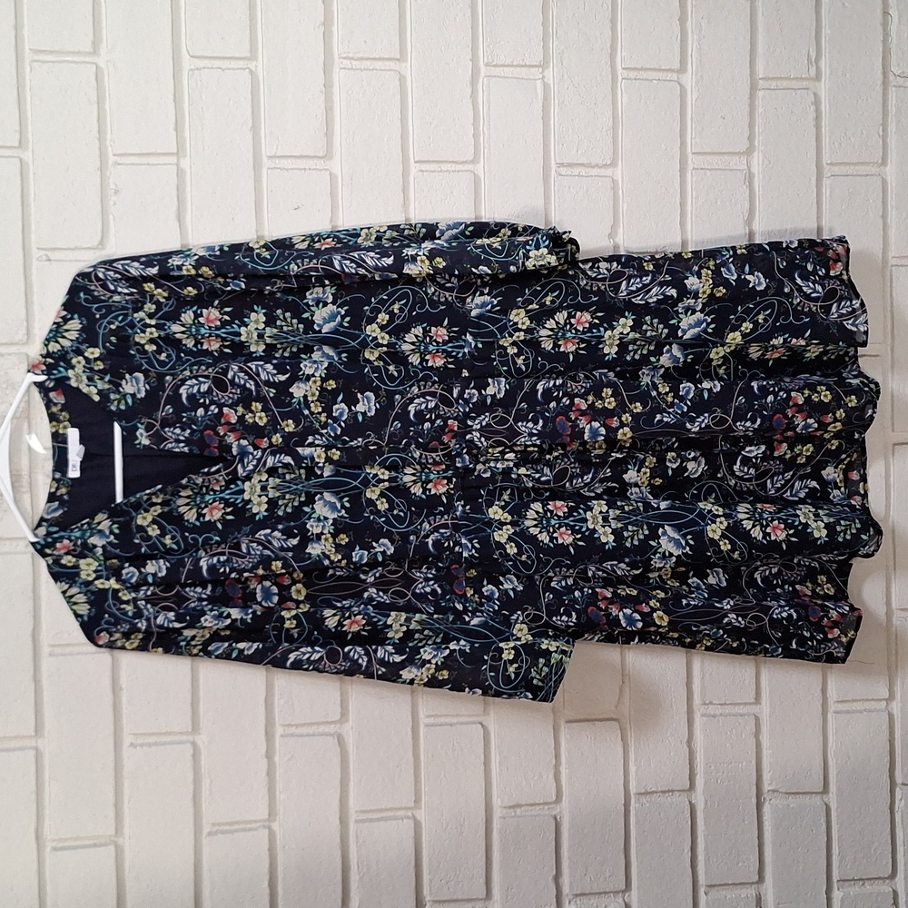 DR2 Navy Floral 3/4 Sheer Sleeve Lined Tie Waist Dress Dress. Size XL NWOT